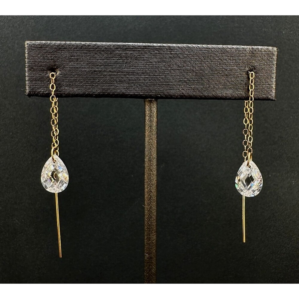 14K Gold CZ Threader Earrings Dangle Drop Pear Shape Faceted Crystal Signed JCM